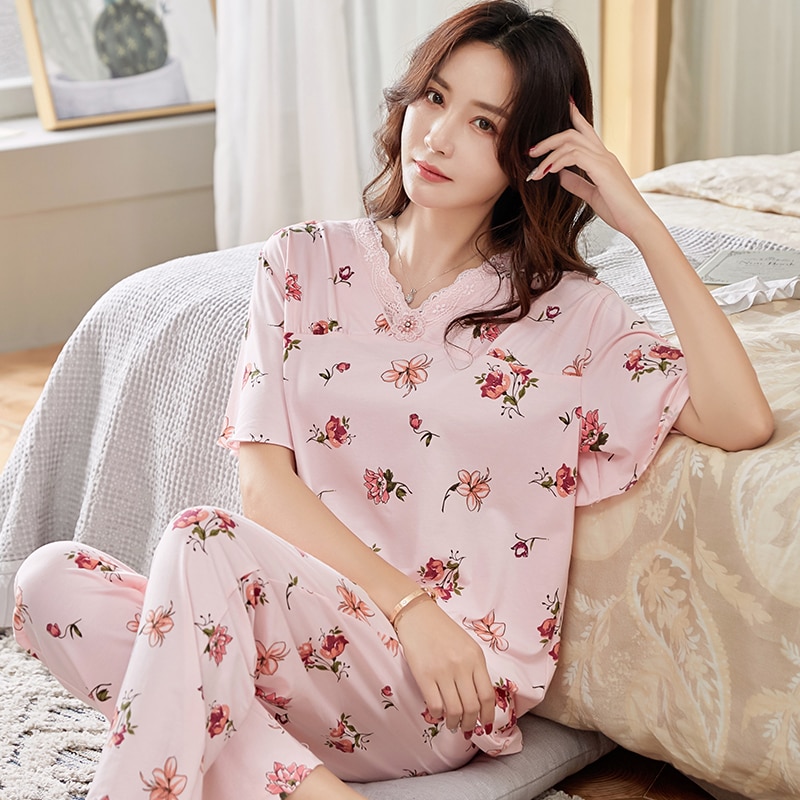 Women Sleepwear Sets Leisure Clothes Summer Thin Short Sleeved Women Pajamas Printing Pyjamas Modal Lovely home clothing