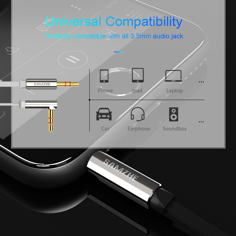 SAMZHE 3.5mm Aux Cable 90 degree Audio Flat Cable Stereo Audio Gold Plated Auxiliary Cable for Car Cellphone Earphone Beats