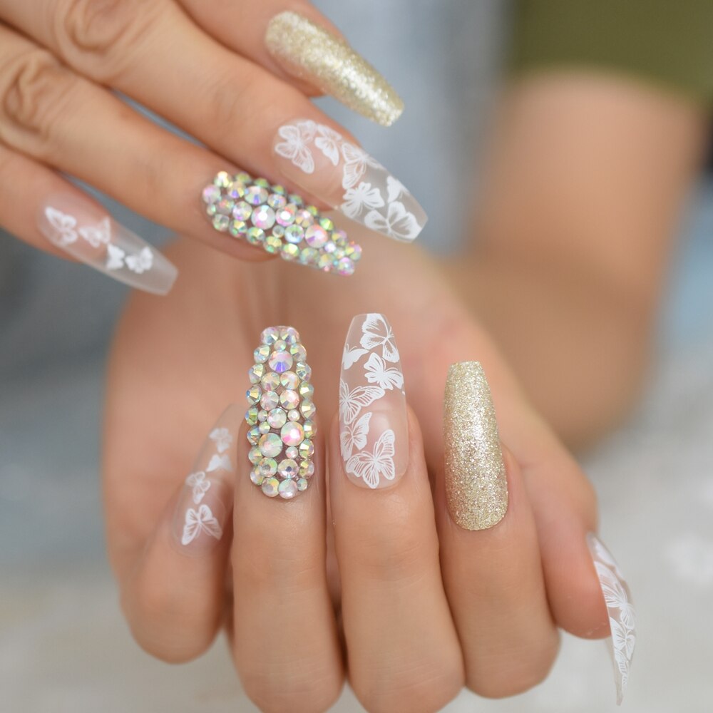 Faux ongles transparents en forme de papillon et paillettes pour Nail Art, pointes de pour Salon, été, 24