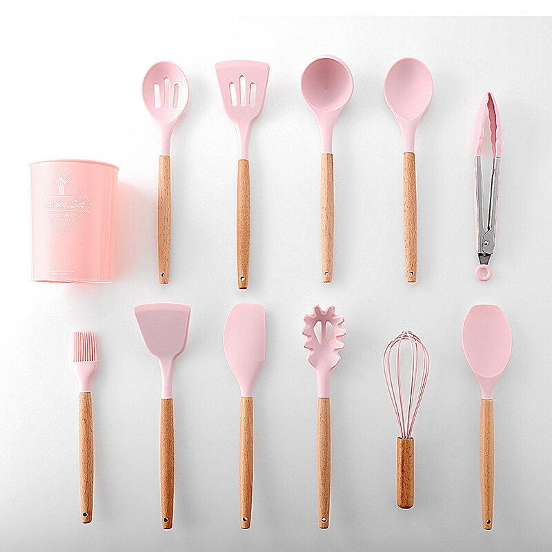 Pink Cute Kitchen Cookware Silicone Kitchenware Non Stick Cooking Pot Sets Spatula Ladle Egg Beaters Shovel Kitchen Accessories