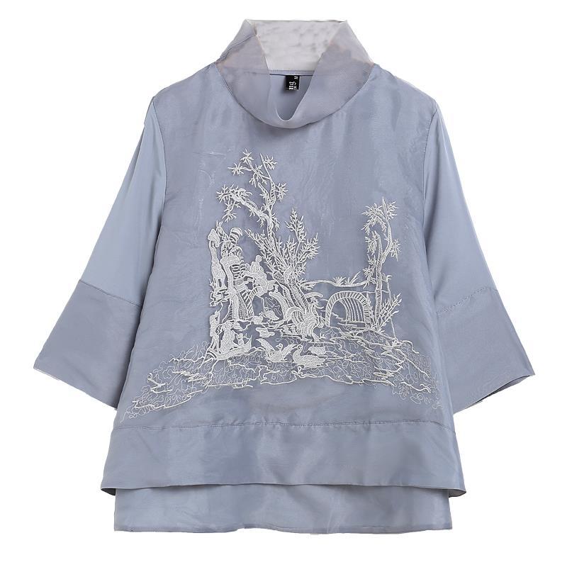 Chinese Runway Shirt Chic Embroidered Loose Gauze Shirt Women&#39;s Stand Collar Retro Shirt Tops