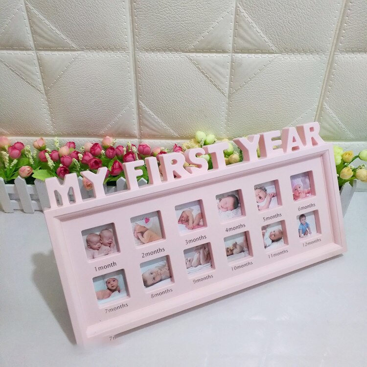DIY 0-12 Maand Baby Souvenirs "MIJN EERSTE JAAR" Foto 'S Creatieve Herdenken Kids Groeiende Geheugen Display plastic Fotolijst: Pink