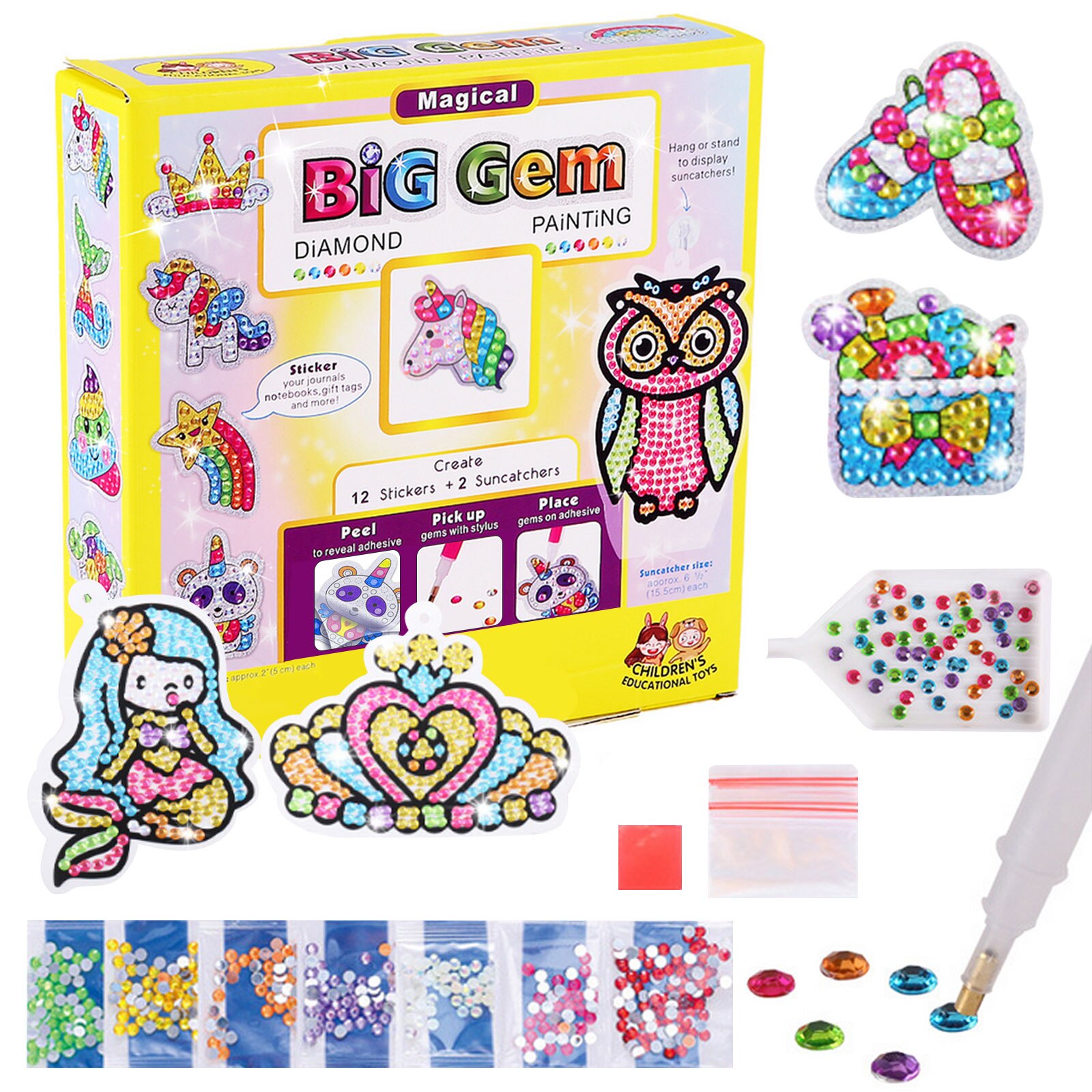 Gem Diamond Painting Kit for Kids Including 12 Stickers and 2 Window Ornaments DIY Paint Arts and Crafts Supplies for Boys Girls: Style B