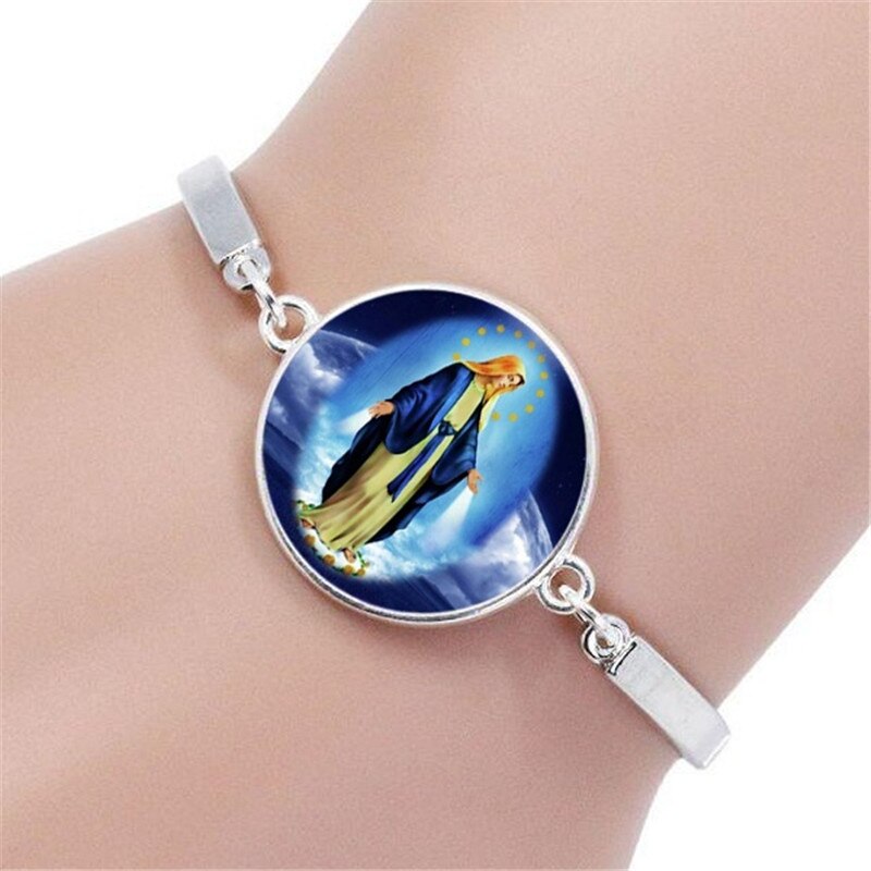 Jomfru mary glass cabochon anheng halskjede øredobber armbånd armbånd sett totalt 4 stk smykkesett til kvinner og #39 ;s