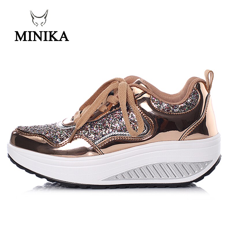 Bling guld kvinder stor størrelse 42 toning sko slankende platform swing sneakers kvinder sundhed wedge sko body fitness sko piger: Guld / 8.5