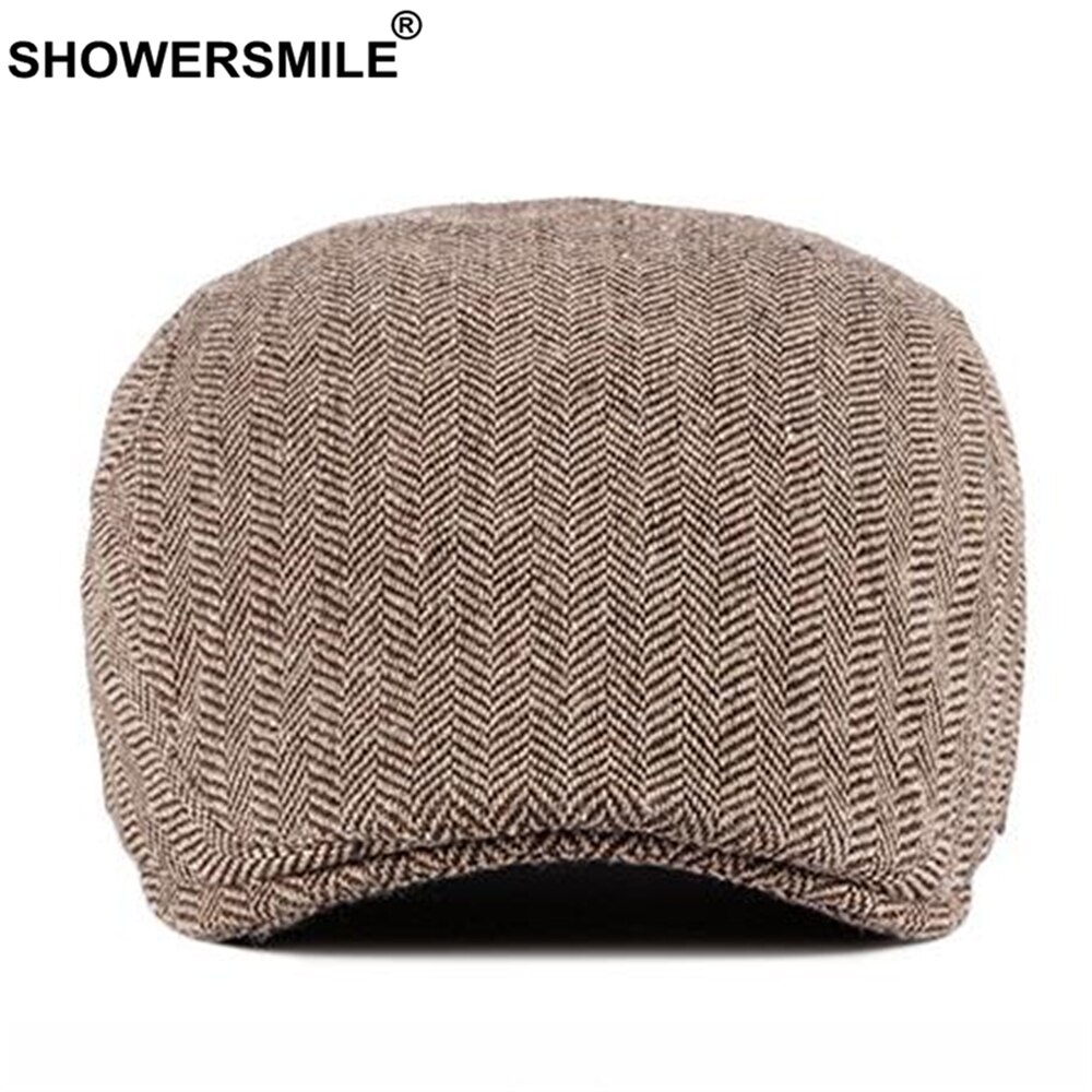 SHOWERSMILE Flat Cap Mens Beret Herringbone Irish Cap British Style Vintage Male Adjustable Black Gray Spring Autumn Cabbie Cap