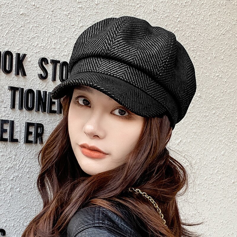HT3389 Women Berets Striped Octagonal Newsboy Cap Vintage Artist Painter Beret Hat Female Autumn Winter Hat Beret Cap: Black