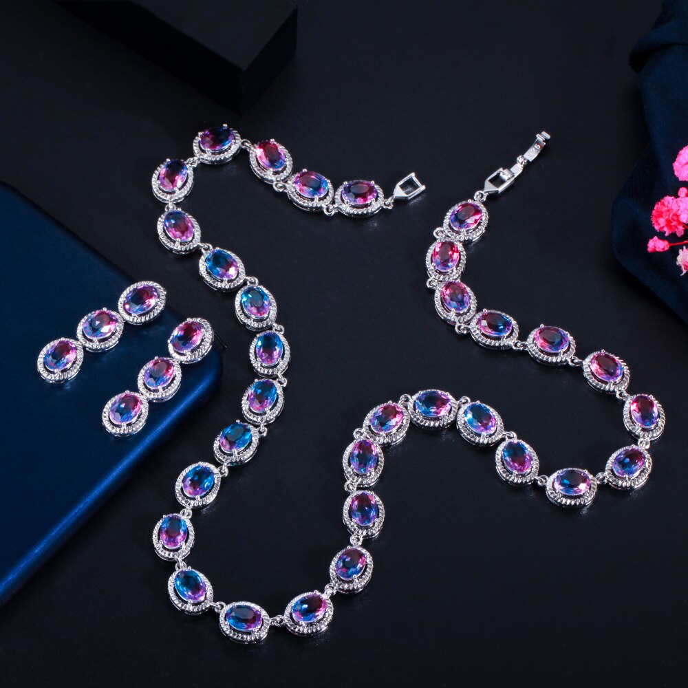 CWWZircons SchöNe Regenbogen CZ Mystischen Stein Runde Tropfen Frauen Partei Halskette Ohrringe Braut Hochzeit Schmuck setzt T520: Ursprünglich Titel