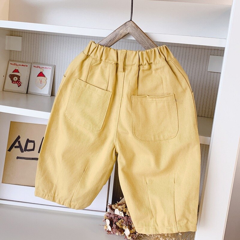 Pantalon en coton et lin pour bébé fille et garçon, ample, décontracté, avec poche, couleur unie, jaune
