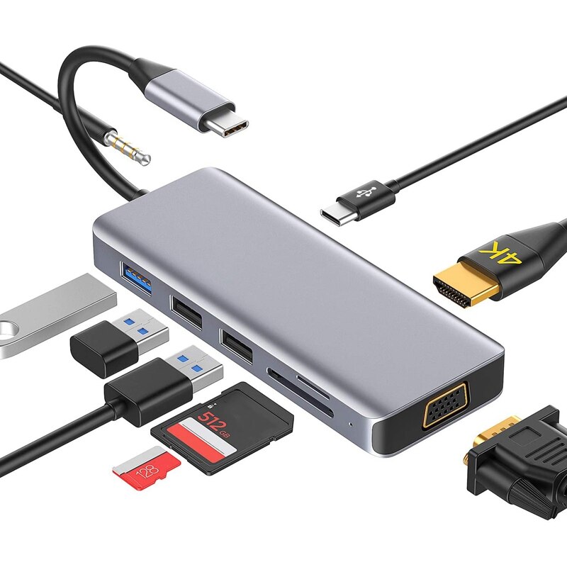 HYD-9866T USB C 8-in-1 Adapter HDMI+VGA Audio Interface PD HUB Card Reader Suitable for All USB C Devices, PC/Tablet