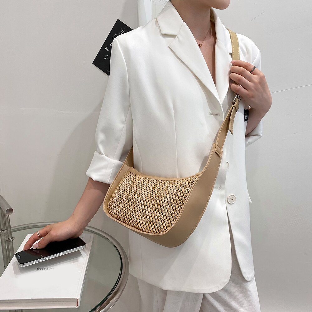 Kleine gewebte hobo-umhängetasche für damen, lässige handtasche für strandurlaub, crossbody-tasche