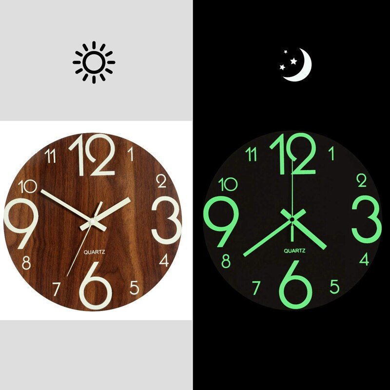 Luminous Wall Clock,12 Inch Wooden Silent Non-Ticking Kitchen Wall Clocks With Night Lights For Indoor/Outdoor Living Room Bedro