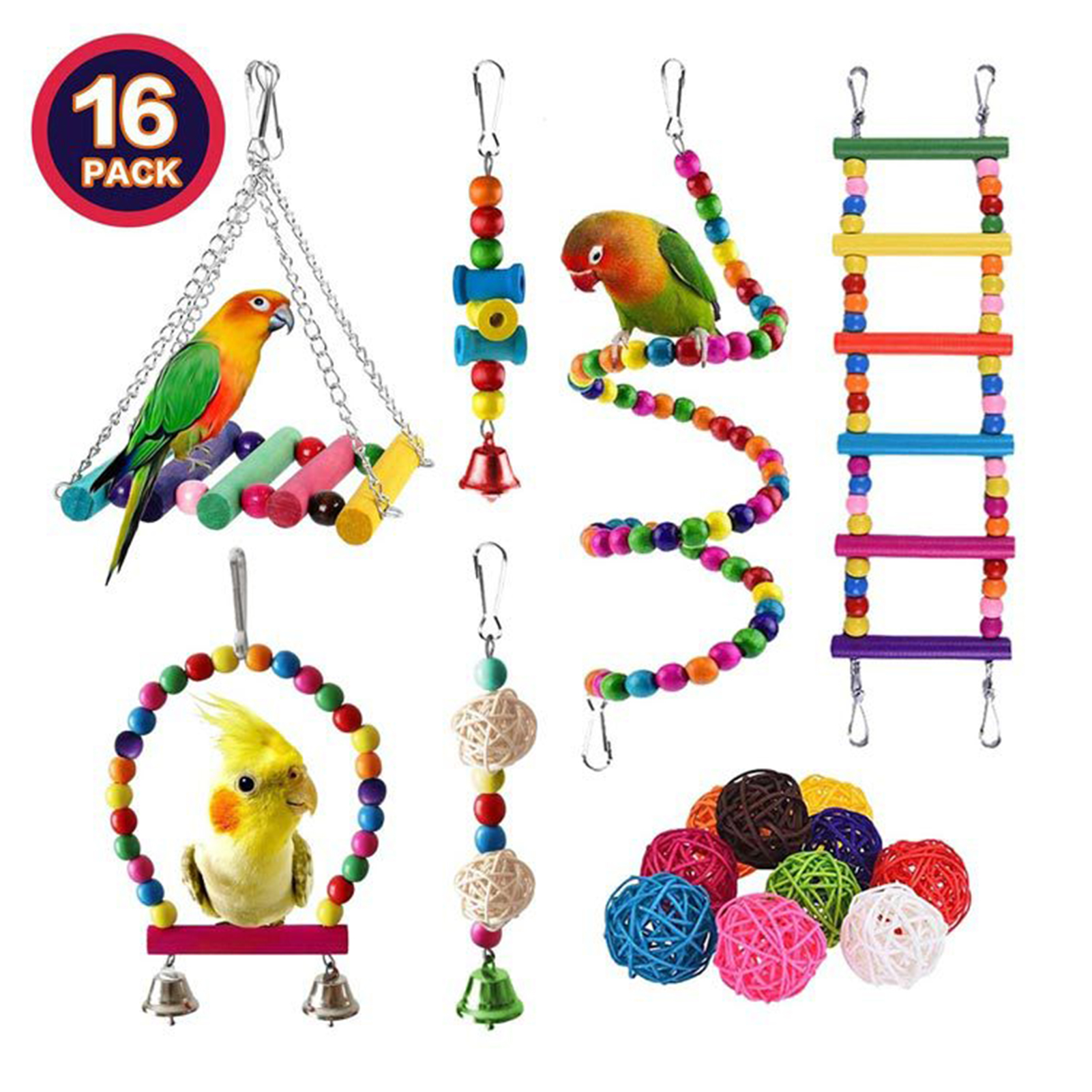 Juego de 16 paquetes de juguetes para loros, variedad de juguetes para jaula de pájaros, accesorios seguros y duraderos, juguetes para pájaros para cacatúas, periquitos: Blanco