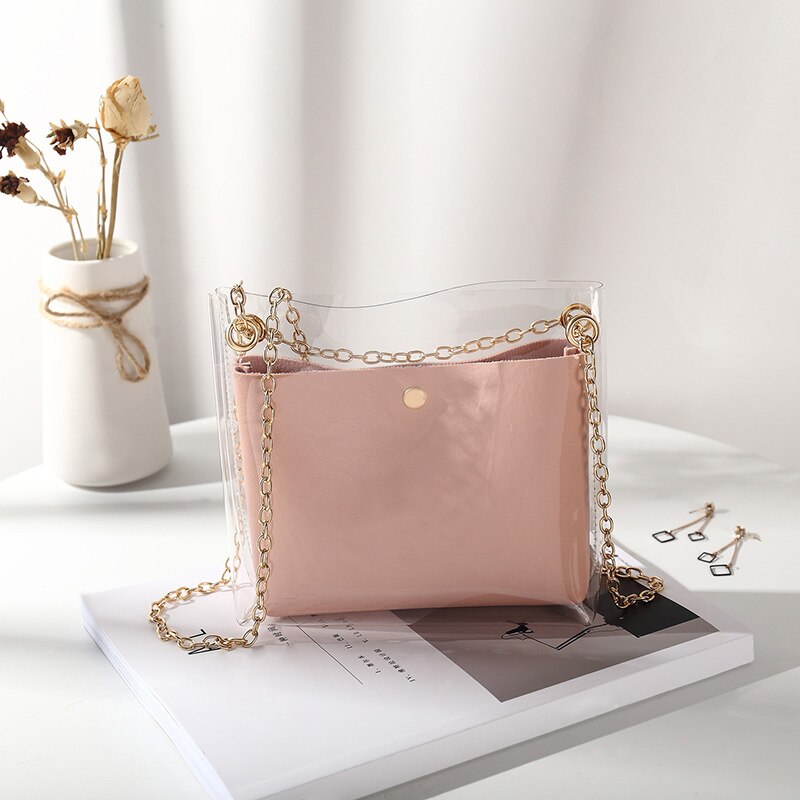 Women Composite Bags Transparent Shoulder Bag Metal Chain Magnetic Buckle PU Purse SER88: Pink