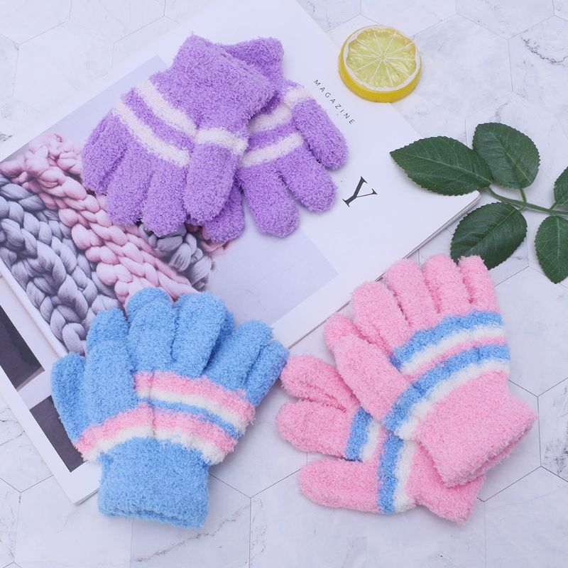 1 par de guantes de bebé cálidos de invierno con dedos completos térmicos de lana Coral para niños niñas raya colorida suave elástica sólida