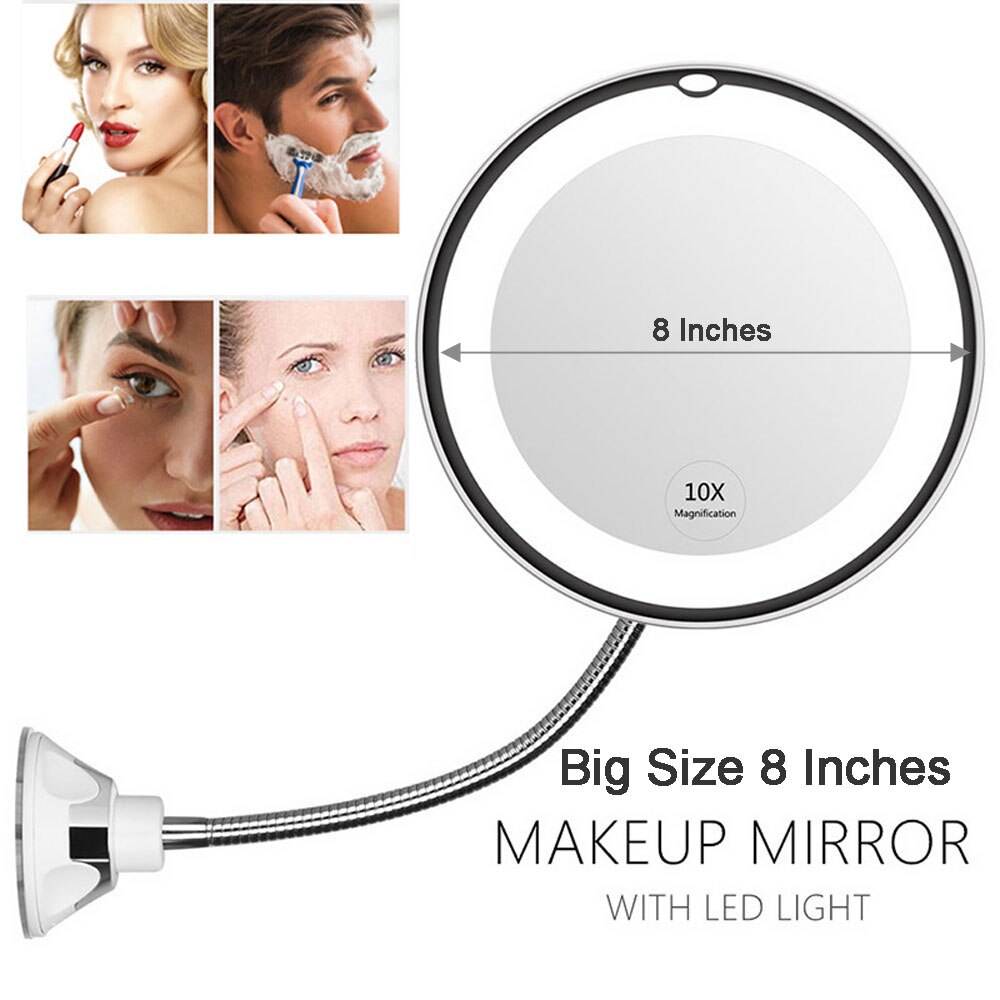 Big Size 8Inch 10X Vergrootglas Make-Up Spiegel Met Verlichting, Flexibele Zwanenhals Houder, muur Spiegel Met Zuignap