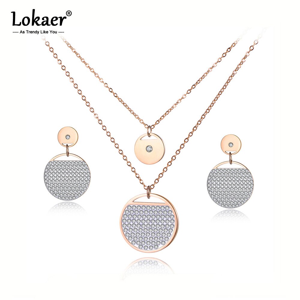 Lokaer-collier de cristal CZ brillant, cercle rond, or Rose, ensemble de boucles d'oreilles pour femmes, bandes de mariage, bijoux SE025