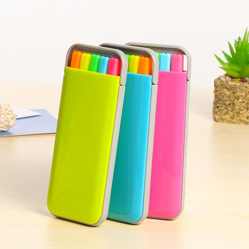 5 farver / kasse søde farverige overstregningssæt med penæske til studerende kawaii fluorescerende tuschpenne kontorskoleartikler