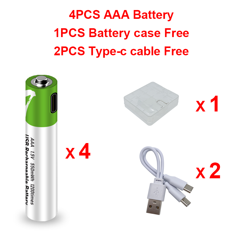 Pilas AAA de iones de litio de 1,5 V, recargables por USB, 750 mWh, para control remoto, ratón inalámbrico + Cable: 4 PCS AAA and 2Cable