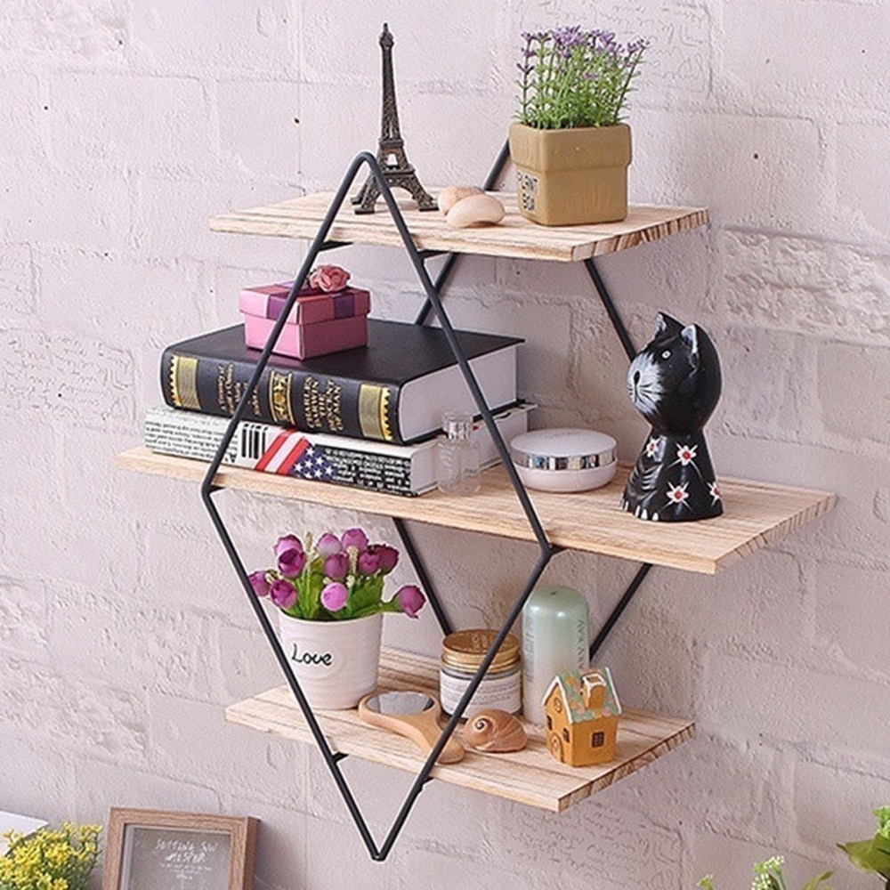Étagère murale en forme de losange métallique, à 3 niveaux, étagère de rangement pour unité murale rétro en bois, Style industriel, noir