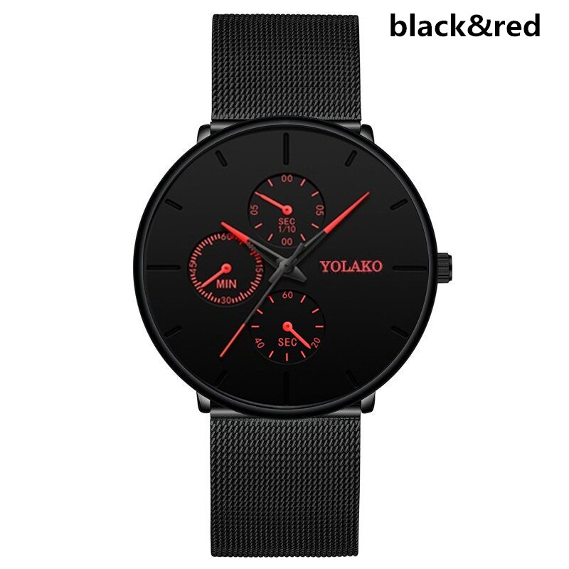 Mannen Mode Horloge Mannen Business Casual Ultra-Dunne Horloge Heren Rvs Mesh Riem Quartz horloge Klok: Black Red