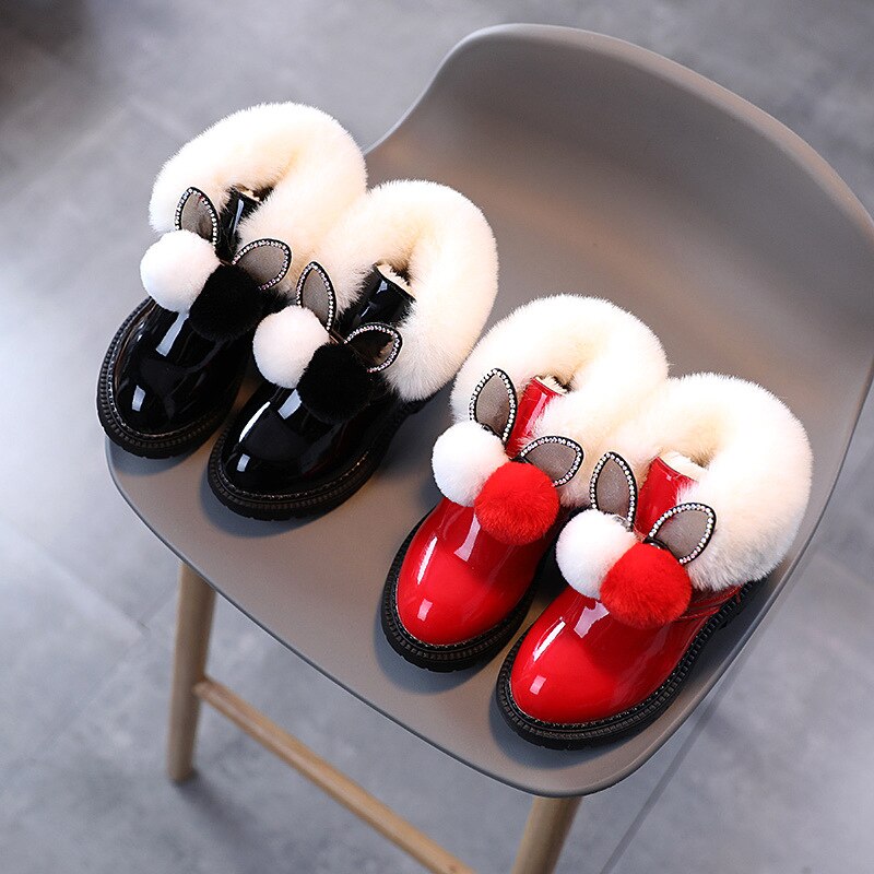 COZULMA bambini caldo inverno elegante palla di pelliccia moda stivali bambini ragazze coniglio orecchio stivaletti scarpe in pelle verniciata taglia 21-30