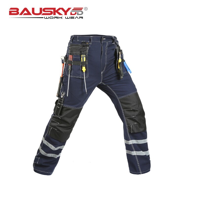 Work Pants Men Wear-resistant Multi pockets Working trousers Reflective Strap Worker Mechanic Factory Functional Cargo Pants: B114-Dark blue / 170-84A