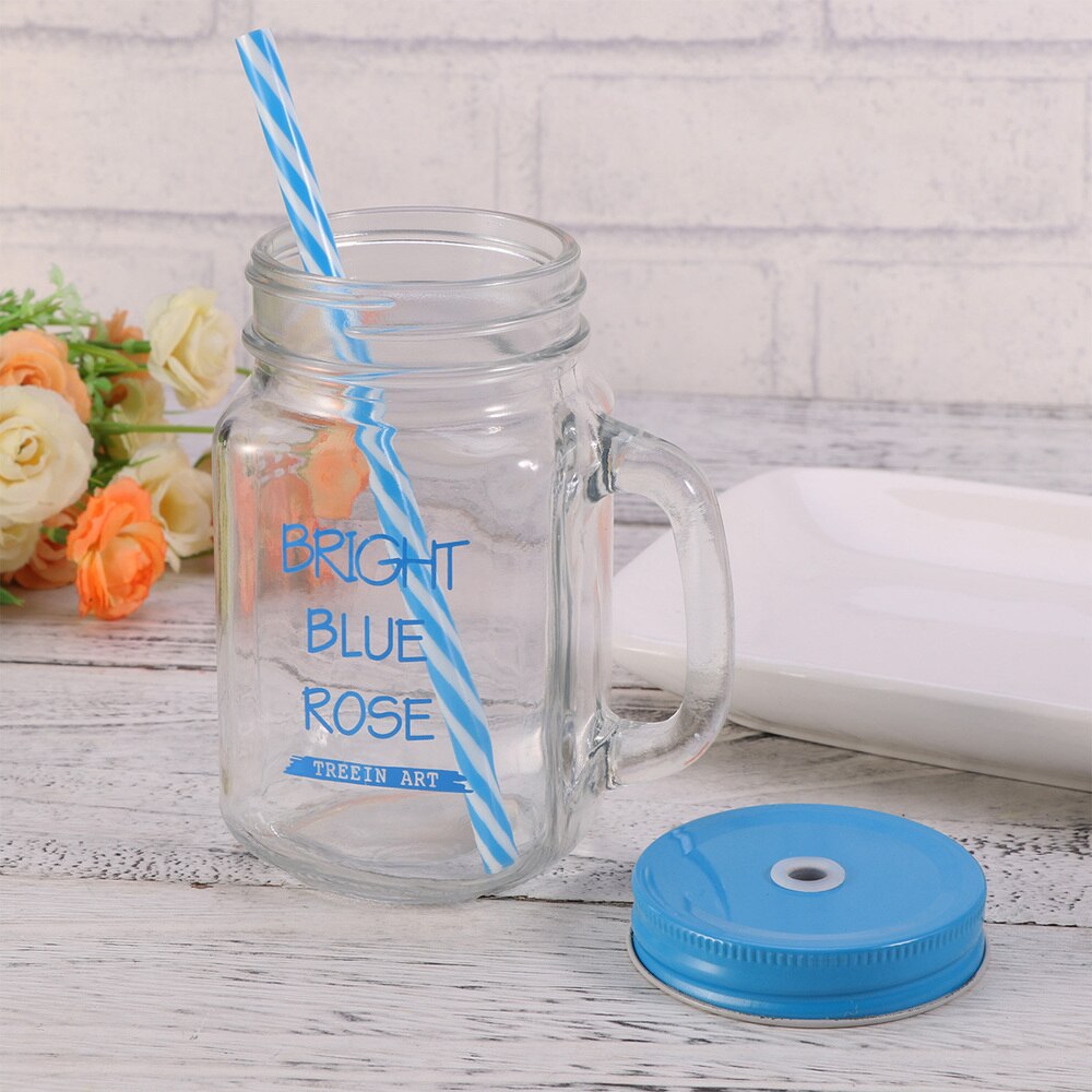 2 Stuks 500Ml Stro Mason Cup Zomer Draagbare Cup Glas Drinken Beker Met Stro Deksel (Blauw)