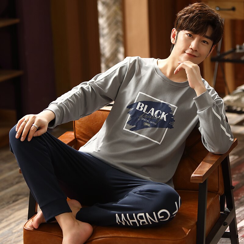 Brief Print Pyjama Mannelijke Herfst Pure Volledige Katoen Pyjama Set Voor Mannen Nachtkleding Pak Homewear Nachtkleding Lange Mouw Pijama Hombre: Xxl