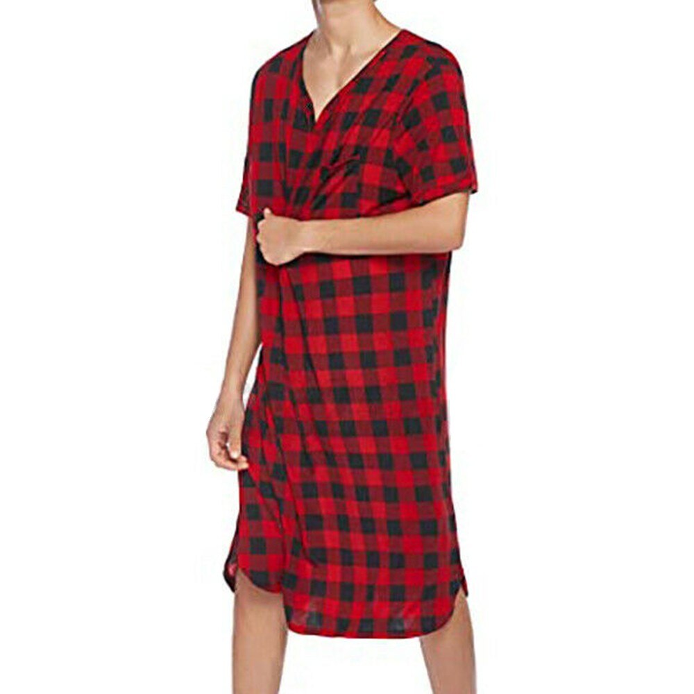 Men Robes Loose Plaid Pajamas Short Sleeve V-neck Casual Soft Bathrobe Nightwear Summer Clothes Breathable Male