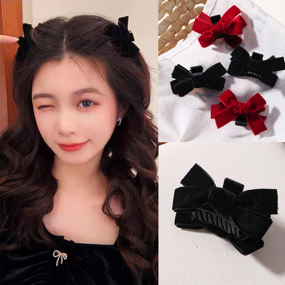 Pinza para el pelo pequeña con lazo rojo y negro para niña y mujer, pinza para el pelo con lazo de terciopelo de princesa, herramientas de peinado coreanas
