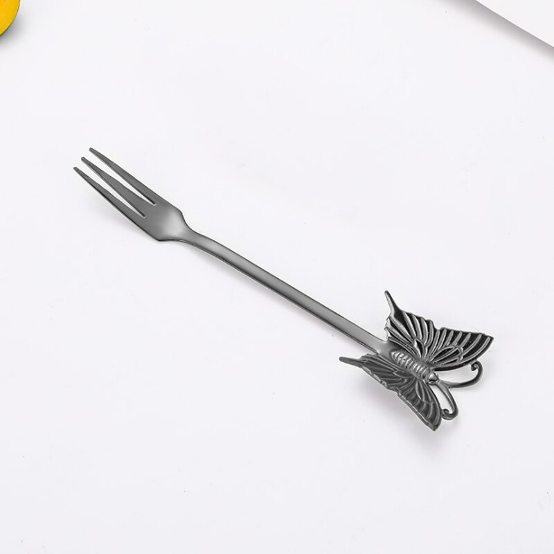 Cuillère à café en acier inoxydable 304, cuillère à café pour Dessert au sucre plaqué or, fourchette à fruits, polissage miroir poignée papillon, vaisselle 1 pièce: Black Fork