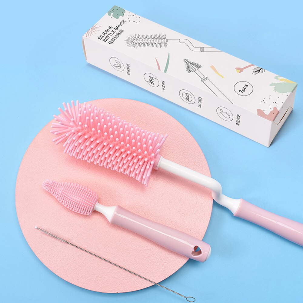Abs-silikon-babyflaschenbürsten-einstellen, drehbar, handlich, becherreinigung, 360- grad-schnullerbürsten, babyflaschen-reinigungsgerät: Rosa