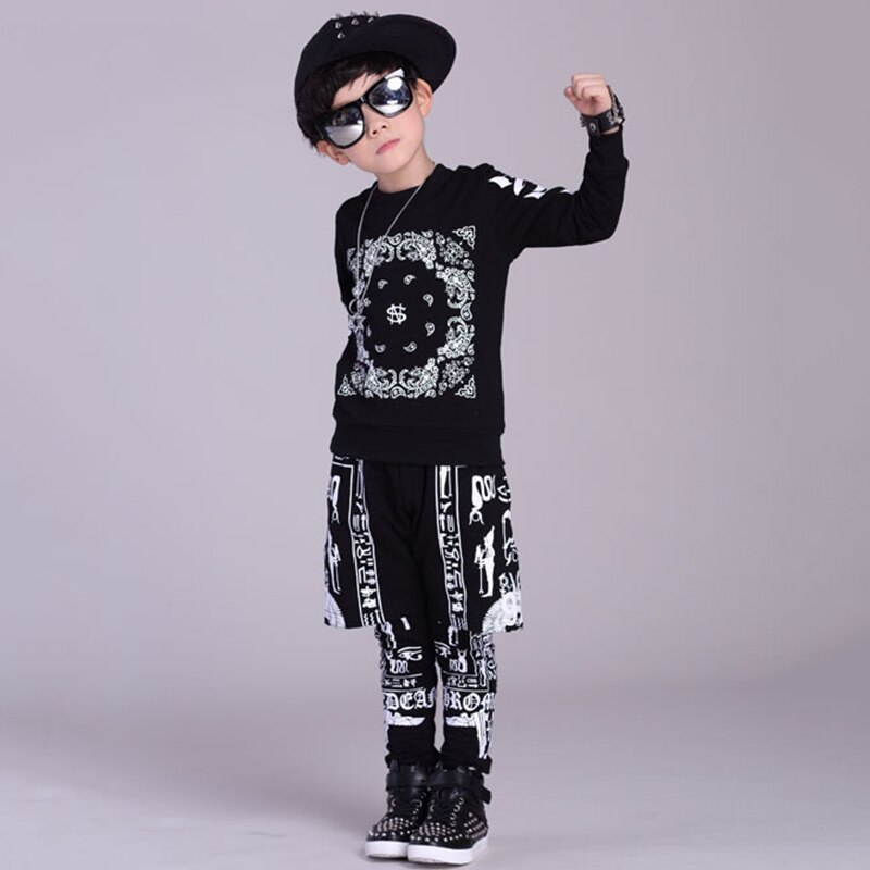 Hip Hop Costumes Boys Printed Long Sleeve Top Pants Street Dance Clothes Children Modern Stage Outfit Show Wear DNV12564