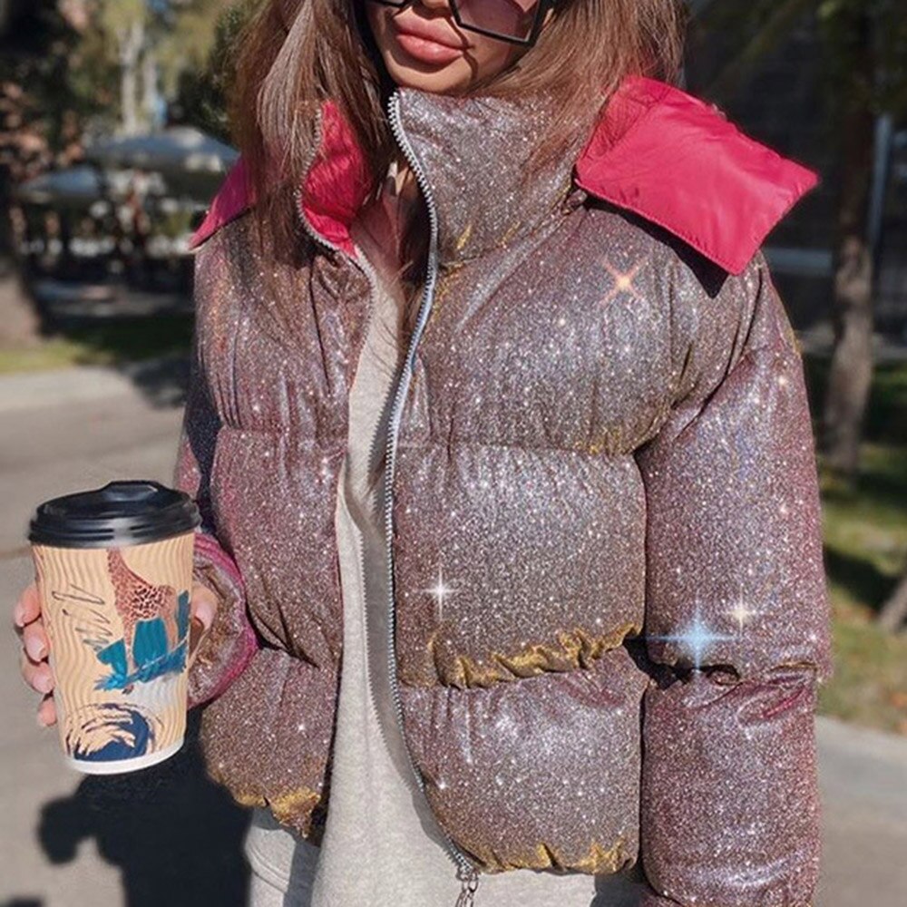 Vrouwen Winter Gewatteerde Jas Jas Glanzend Glitter Bubble Parka Chic Dikke Warme Puff Hooded Jassen Vrouwelijke Streetwear Zip Up Uitloper: Roze / L