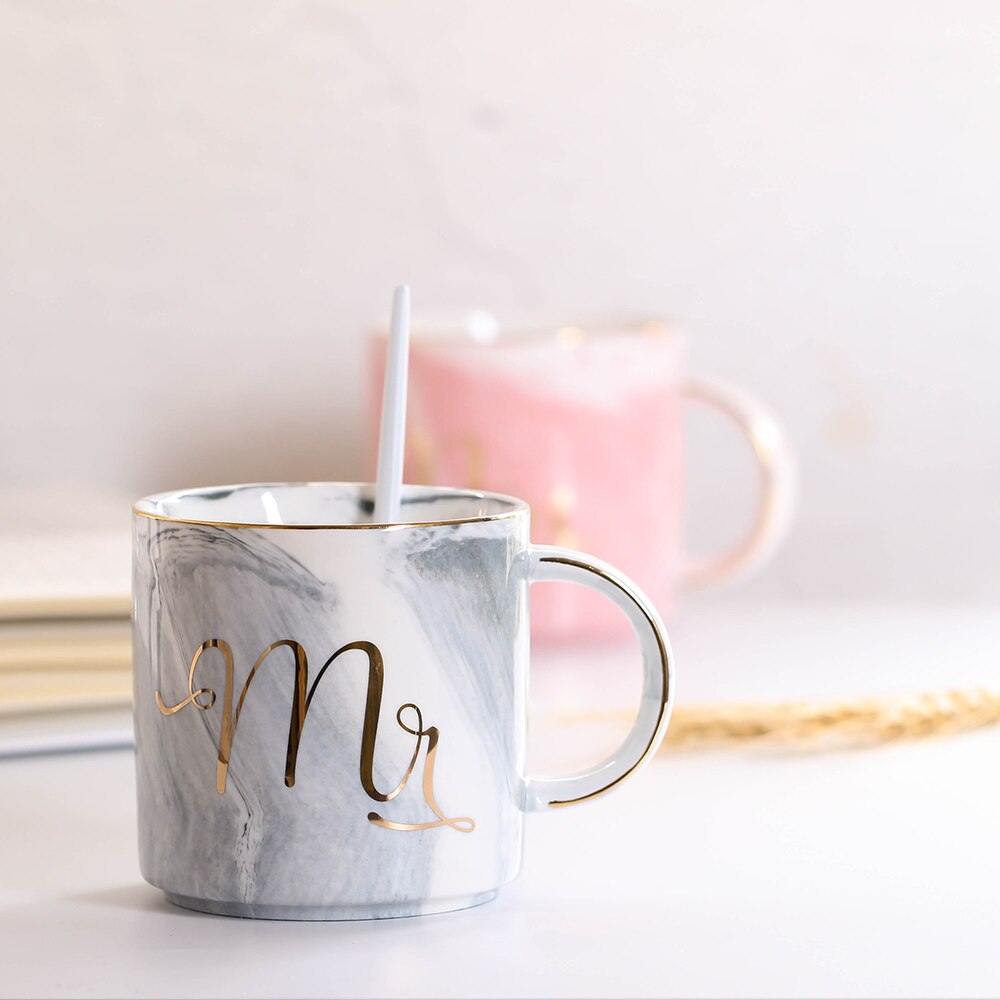 380ml Marble Ceramic Mug Travel Coffee Mug Milk Tea Cups Mr and Mrs Mugs Pink Gold Inlay Breakfast Home Decor