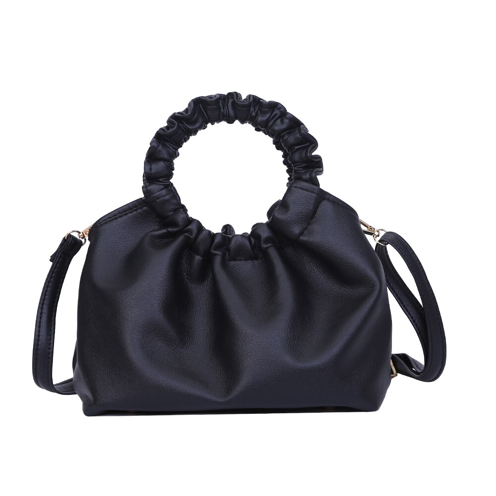 Mulheres Cor Pure bolsa de Ombro Mensageiro Sacos de Couro PU Alça Redonda Plissada Casual Crossbody Bolsas Bolsas Feminina Shopping Bag: Black