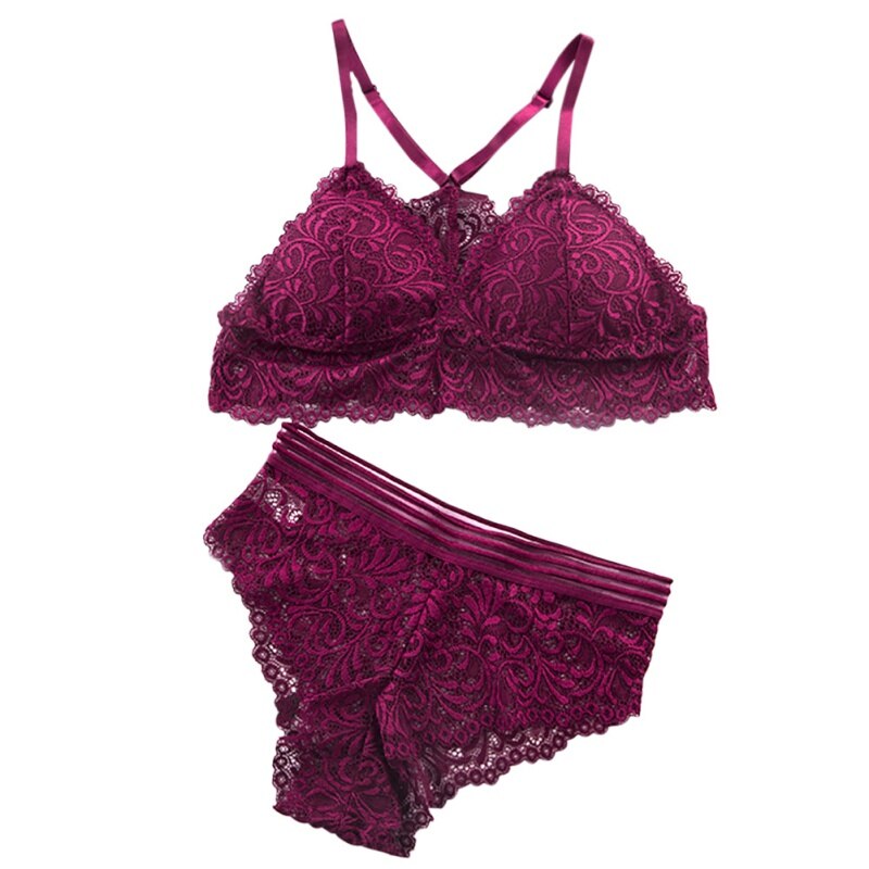 Sexy Lace Bra Sets Lady Women Seamless Embroidery Bralette Wireless Breathable Underwear Lingerie Set: Burgundy