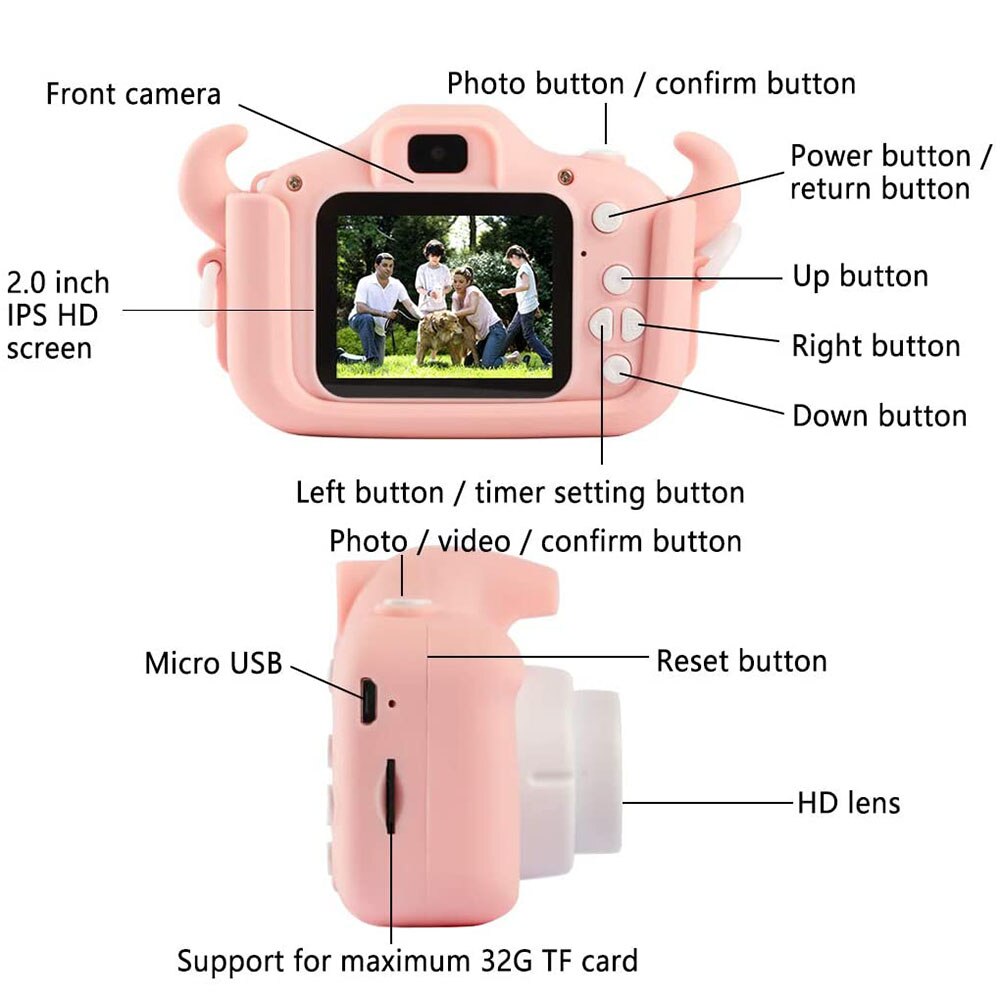 Podwójny obiektyw USB ładowanie 2 Cal ekran HD zdjęcie z kreskówek plastikowy aparat dziecięcy z pokrowcem ochronnym prezent urodzinowy cyfrowy