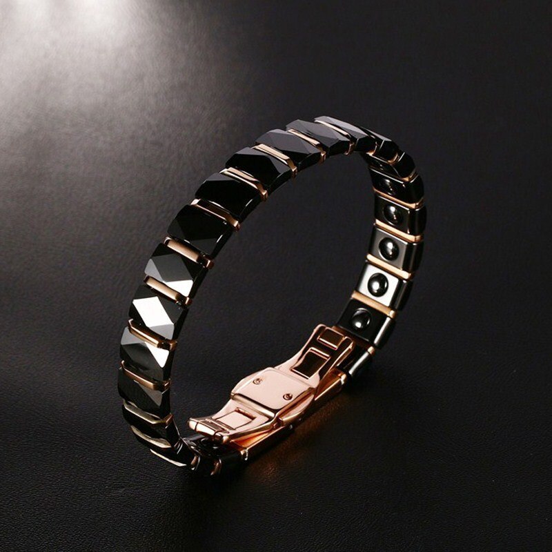 Men Stainless Steel 2-Tone Ceramic Therapy Bracelet for Male Female Unisex Trendy Jewelry Black Rose Gold-color 19cm