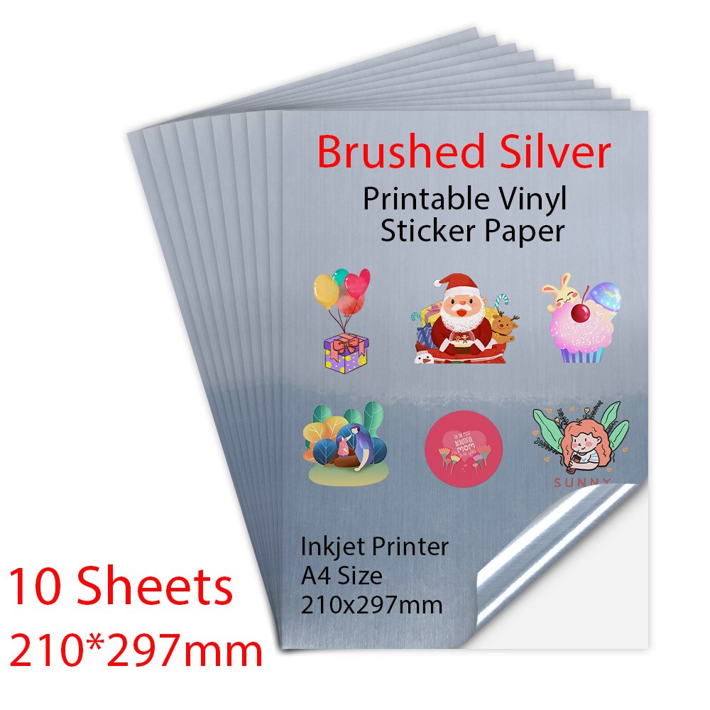 10 Sheets Printable Vinyl Sticker Papier Glossy Lijm Kopieerpapier 216*279Mm Vinyl Papier Voor Inkjet Printer diy Ambachten: A4-Brushed Silver