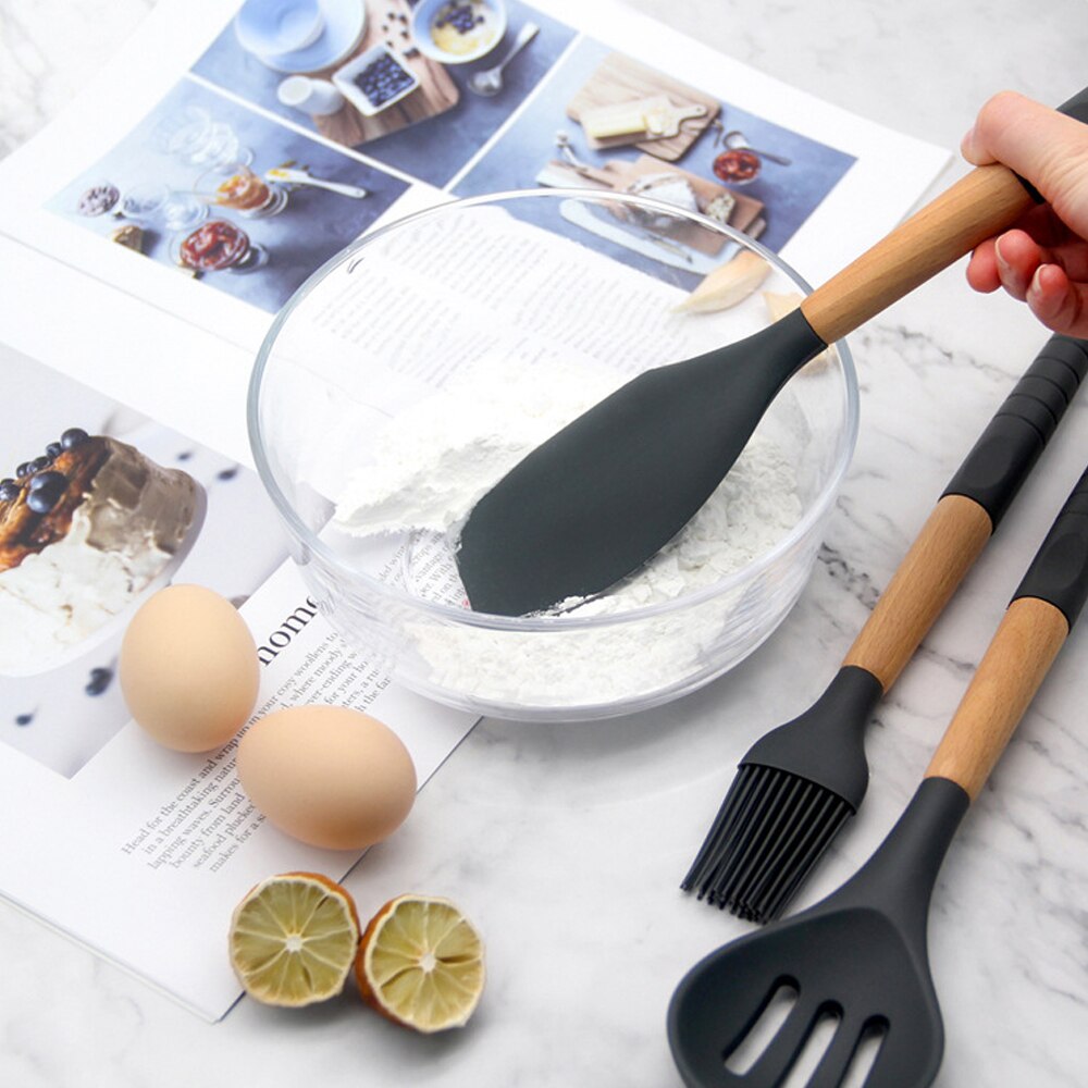 Boîte de rangement pour ustensiles de cuisine, cuillère à soupe en bois Silicone, spatule brosse, grattoir outils de cuisine noirs