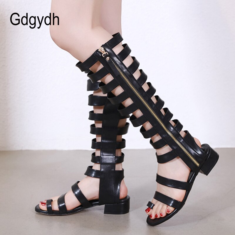 Gdgydh Gothic Shoes Woman Block Heels Over the Knee Boots For Summer Ankle Strap Black Leather Gladiator Shoes Women