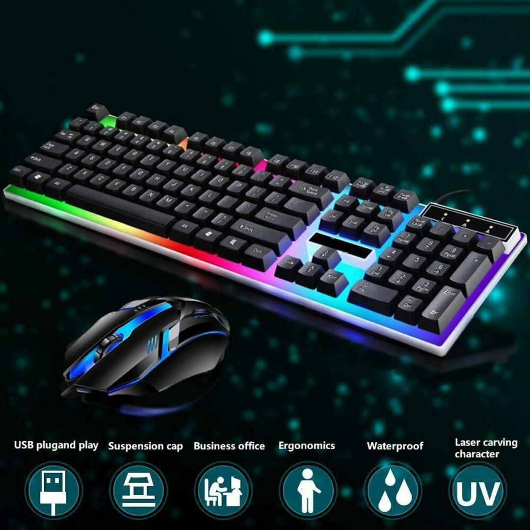 Pohiks USB Wired Gaming Keyboard Mouse Set with Rainbow LED Compatible for PC Laptop PS3 PS4 USB Computer Mouse Gamer Mice