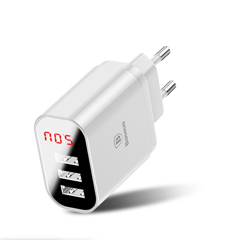 Baseus 3 Poorten Lader Met Digitale Display 3.4A Max Snelle Opladen Muur Adapter Oplader Voor Telefoon: 3PORT CHARGER WHITE