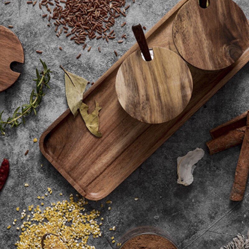 Seasoning box set Transparent glass seasoning jar three-piece kitchen wooden salt shaker sugar bowl with spoon base