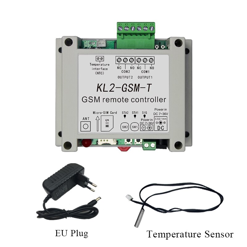 Gsm fjernbetjening relæ controller switch adgang controller med 2 relæ output en ntc temperaturføler: Eu-stik
