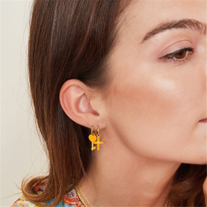 Pendientes Oorbellen Zilver Kleurrijke Enamel Cross Liefde Sleutel Hoop Earring Voor Vrouwen Wedding Charms Oorbellen Jewerly