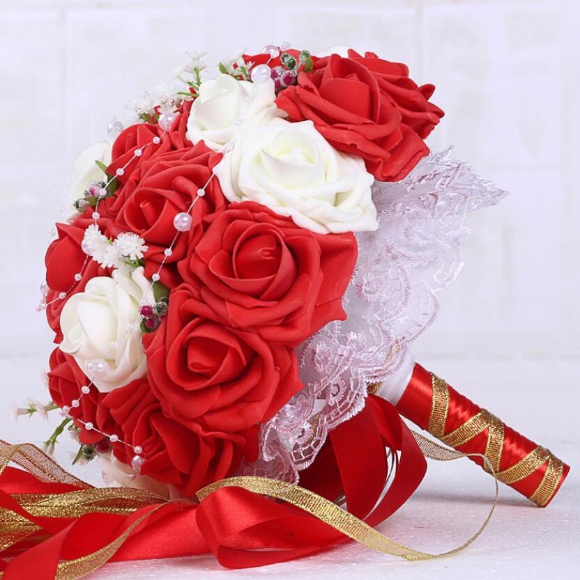 Bourgondië Wedding Boeket Roze/Rood/Wit/Bourgondië Bridal Bruidsmeisje Bloem Kunstmatige Bloem Roos Boeket Bruid AA130: red plus white
