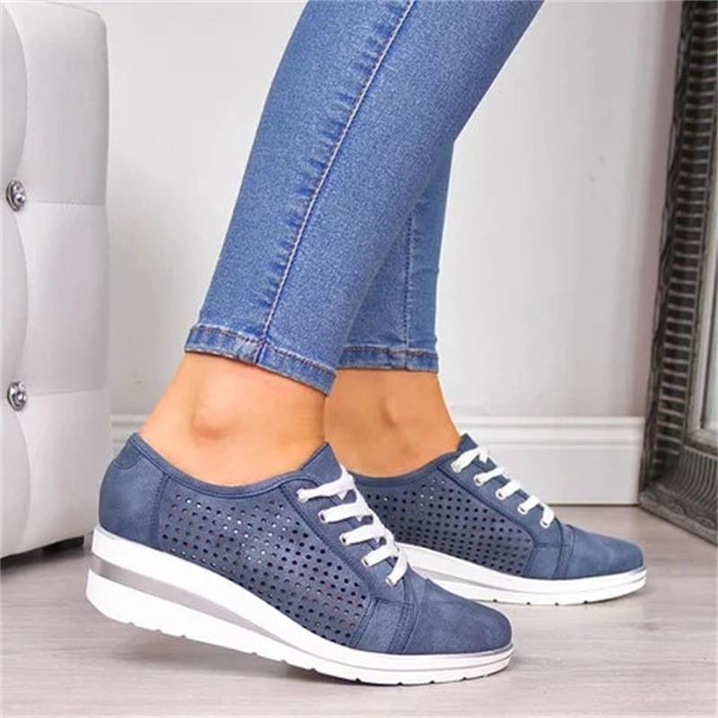Printemps femmes chaussures compensées décontracté creux respirant toile plate-forme été baskets maille bout pointu sans lacet chaussures dames